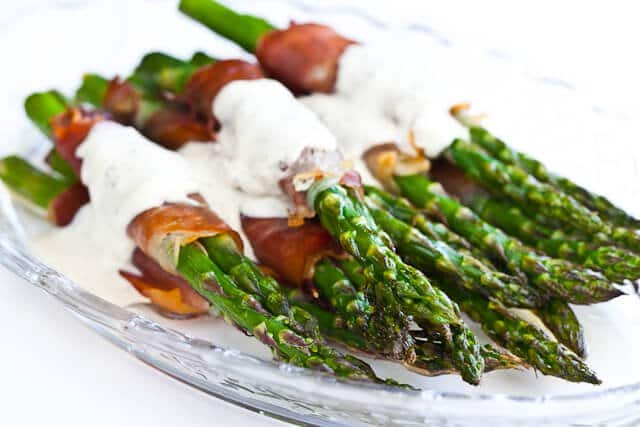 Crispy prosciutto wrapped around oven roasted asparagus.