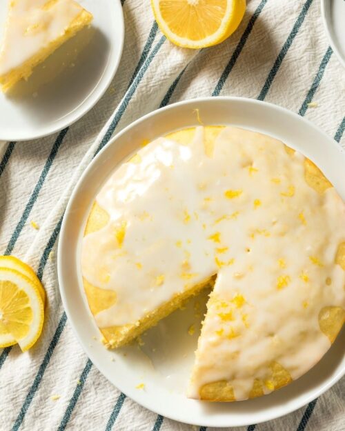 buttermilk lemon pound cake on a white plate. 