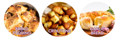Croutons, bread pudding and garlic bread