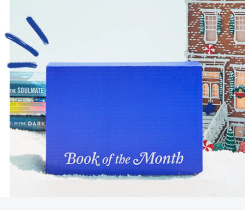 A blue box labeled "Book of the Month" with illustrated winter background featuring buildings and festive decorations.