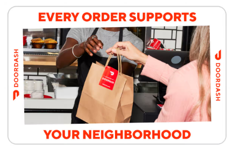 A pristine white DoorDash Gift Card depicting a restaurant employee handing over a delectable food bag to an awaiting woman, symbolizing prompt service and culinary delight.