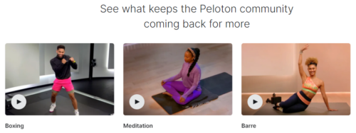 Three thumbnails showcasing the variety in Peloton workouts: A male instructor in a boxing stance, a female instructor sitting peacefully for meditation, and another female instructor striking a pose during a Barre class.