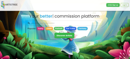 A vibrant and whimsical illustration depicting Artistree's website homepage. A serene waterfall cascades in a lush, forested setting, leading the viewer's eyes to a central figure – a stylized character standing on a bridge, pointing towards the 'Discover Artists' button.