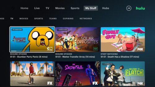Hulu streaming platform interface showcasing a variety of shows including 'Adventure Time', 'Solar Opposites', 'Family Guy', 'Dave', 'Snowfall', and 'Welcome to Flatch'.
