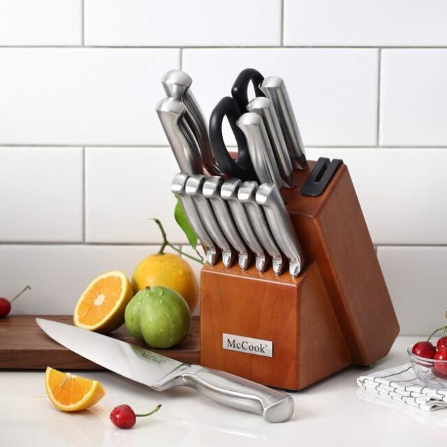 McCook Knife Sets, German Stainless Steel Kitchen Knife Block Sets with Built-in Sharpener